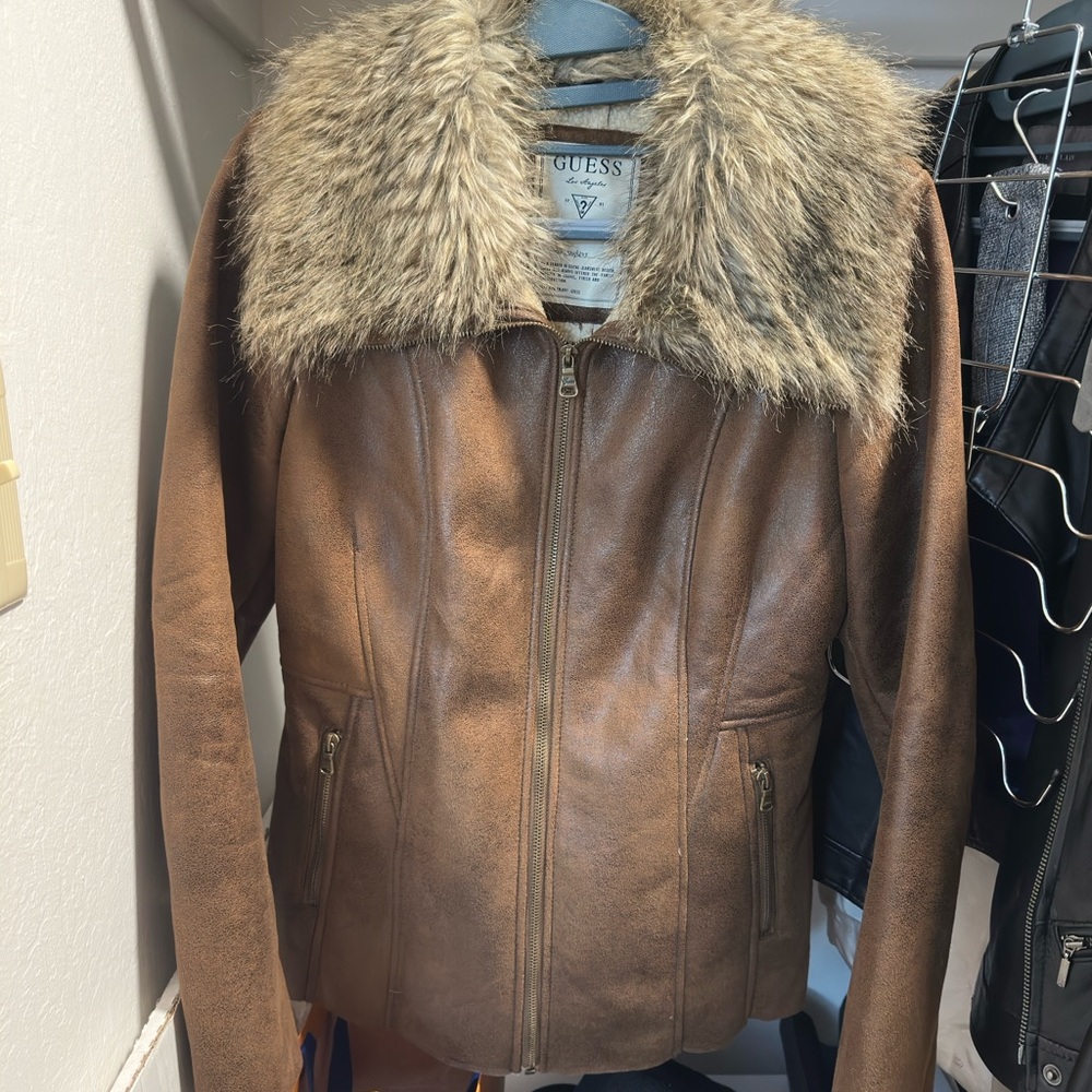 Guess Brown Jacket with Faux Fur Collar